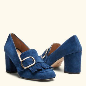 M. Gemi The Lettura Navy Fringe Suede Block Heels